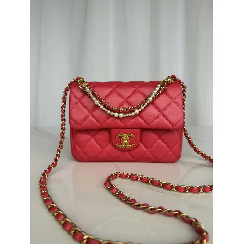 Chanel AS4385 Mini Flap Bag Pearly Lambskin Imitation Pearls & Gold Tone Metal Red