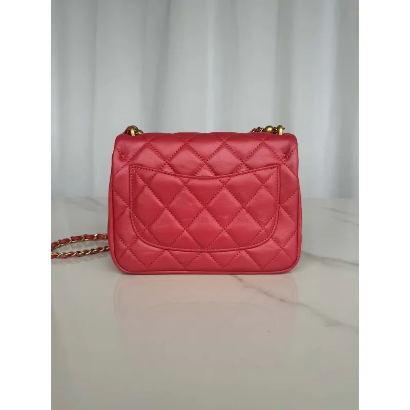 Chanel AS4385 Mini Flap Bag Pearly Lambskin Imitation Pearls & Gold Tone Metal Red