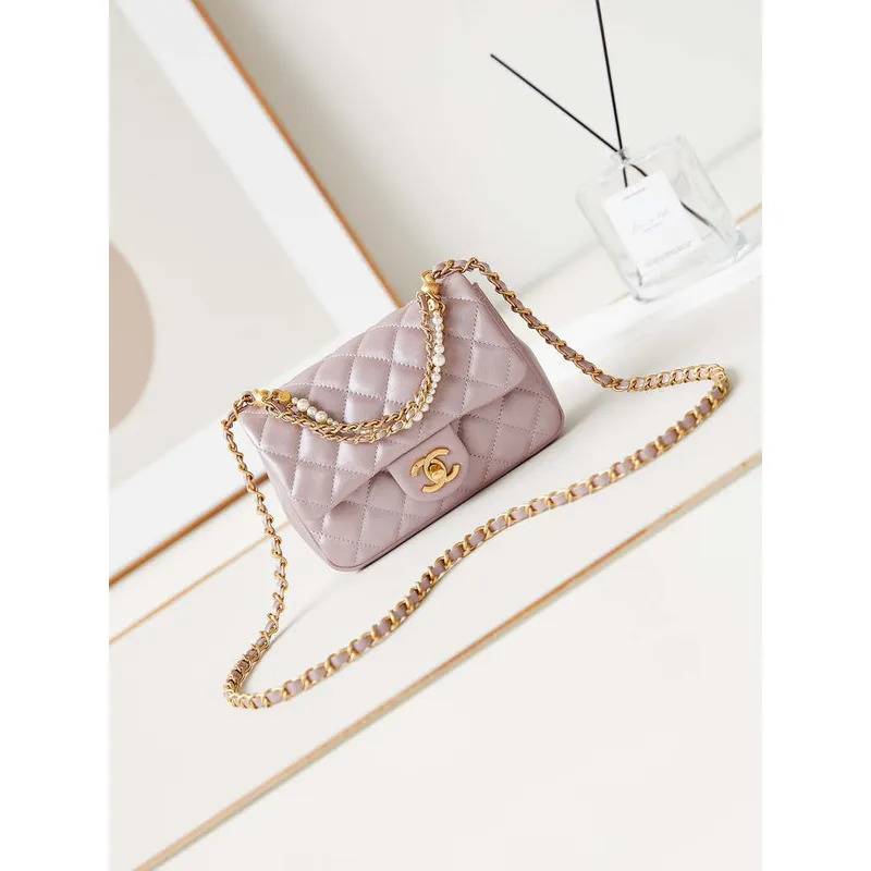 Chanel AS4385 Mini Flap Bag Pearly Lambskin Imitation Pearls & Gold Tone Metal Pink