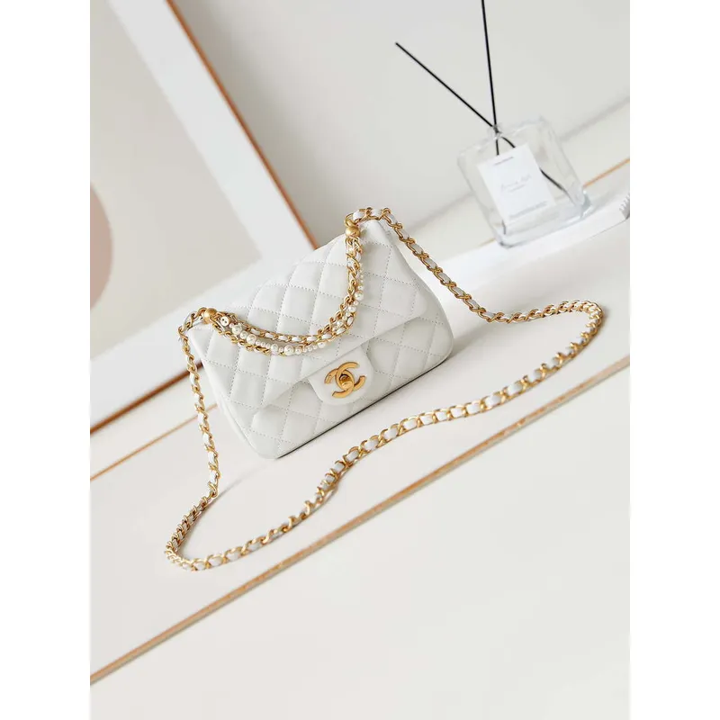 Chanel AS4385 Mini Flap Bag Pearly Lambskin Imitation Pearls & Gold Tone Metal White