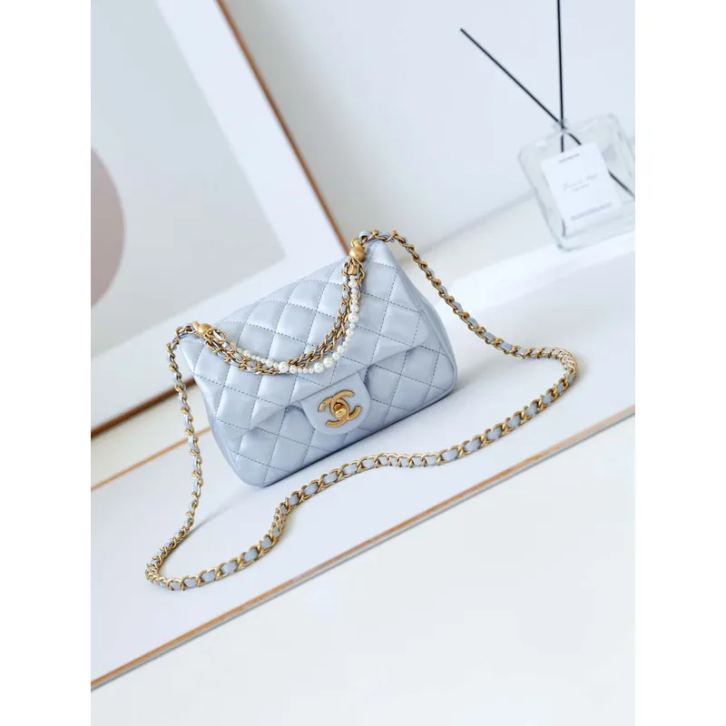 Chanel AS4385 Mini Flap Bag Pearly Lambskin Imitation Pearls & Gold Tone Metal Blue