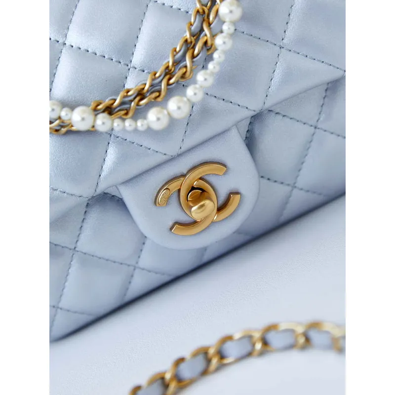 Chanel AS4385 Mini Flap Bag Pearly Lambskin Imitation Pearls & Gold Tone Metal Blue