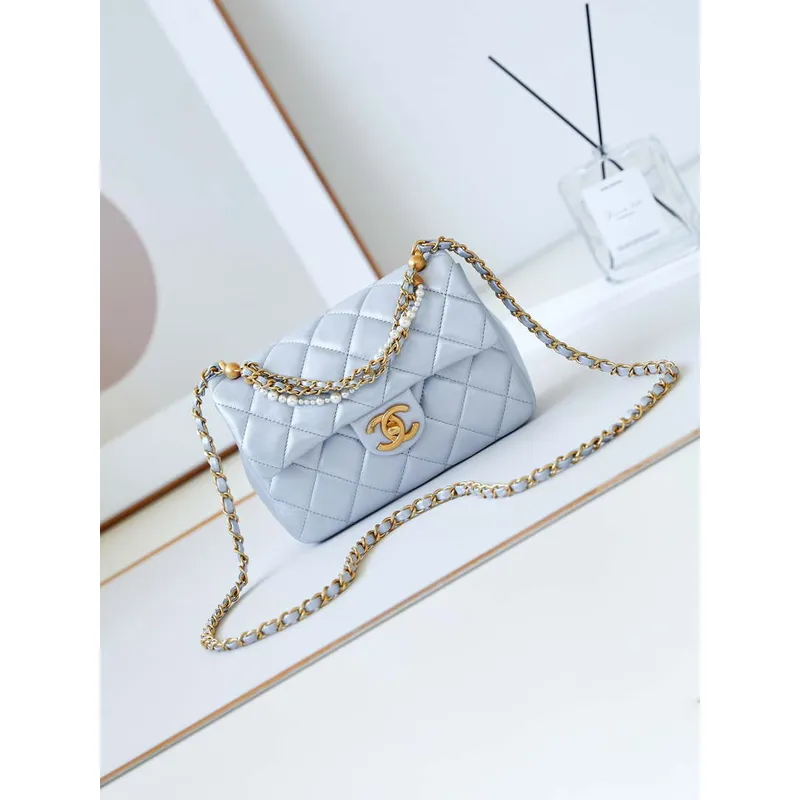 Chanel AS4384 Mini Flap Bag Pearly Lambskin Imitation Pearls & Gold Tone Metal Blue