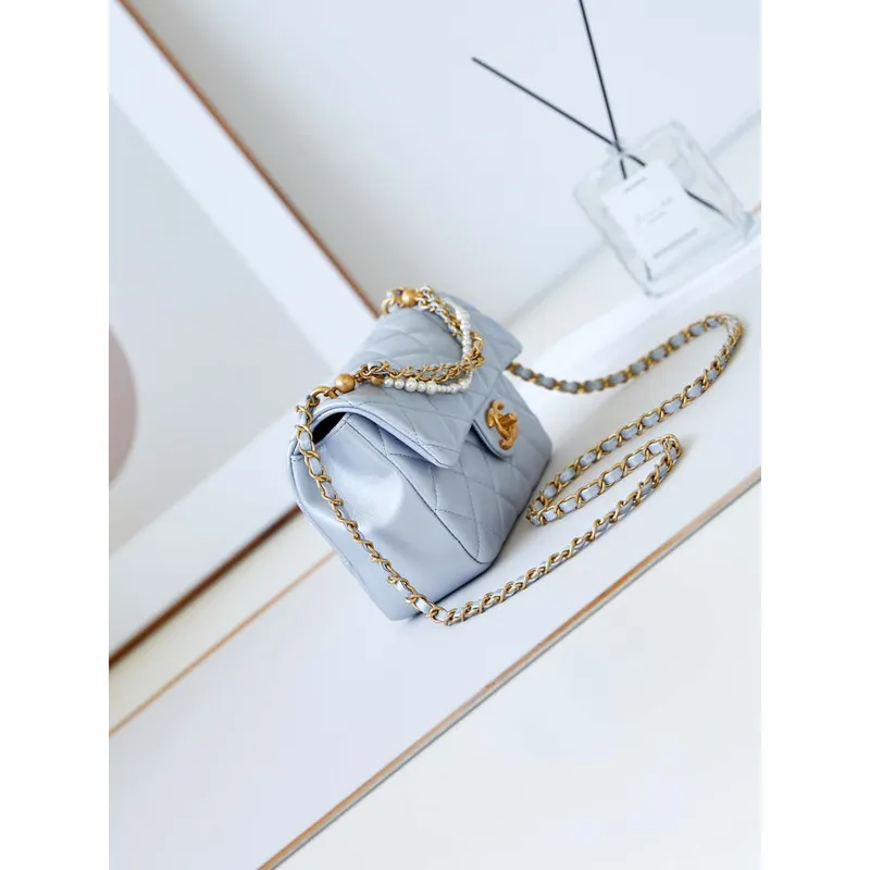 Chanel AS4384 Mini Flap Bag Pearly Lambskin Imitation Pearls & Gold Tone Metal Blue