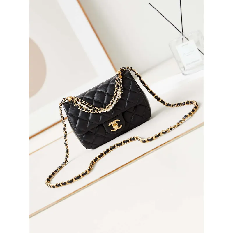Chanel AS4385 Mini Flap Bag Pearly Lambskin Imitation Pearls & Gold Tone Metal Black