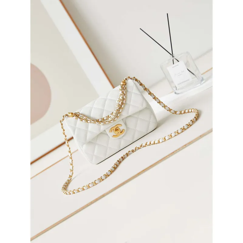 Chanel AS4384 Mini Flap Bag Pearly Lambskin Imitation Pearls & Gold Tone Metal White
