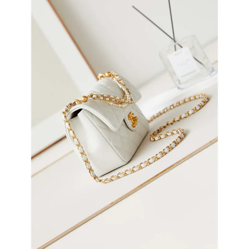 Chanel AS4384 Mini Flap Bag Pearly Lambskin Imitation Pearls & Gold Tone Metal White