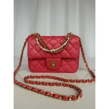 Chanel AS4384 Mini Flap Bag Pearly Lambskin Imitation Pearls & Gold Tone Metal Red