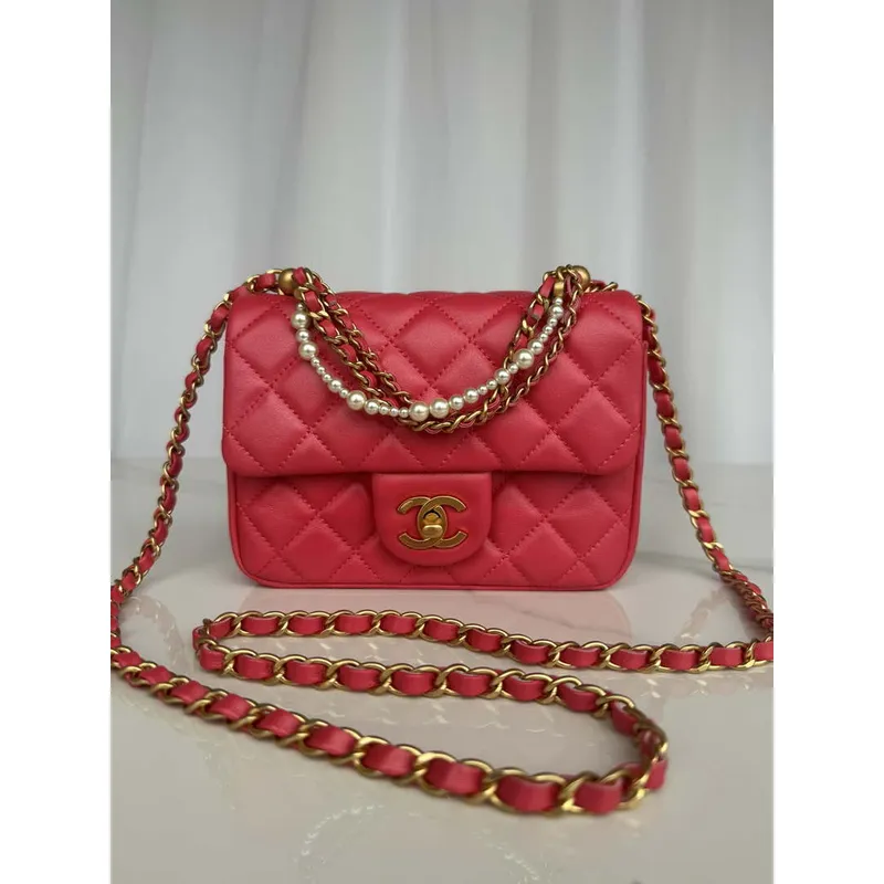 Chanel AS4384 Mini Flap Bag Pearly Lambskin Imitation Pearls & Gold Tone Metal Red