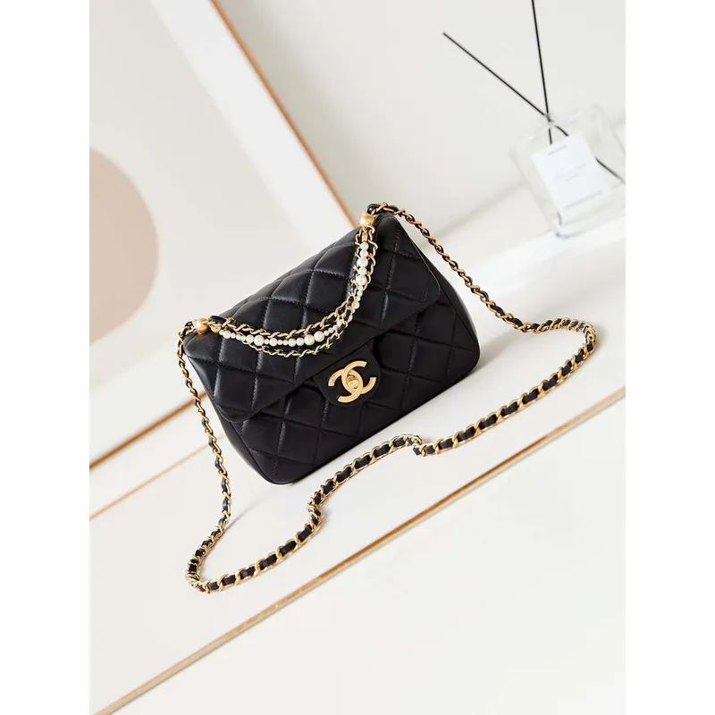 Chanel AS4384 Mini Flap Bag Pearly Lambskin  Imitation Pearls & Gold Tone Metal Black