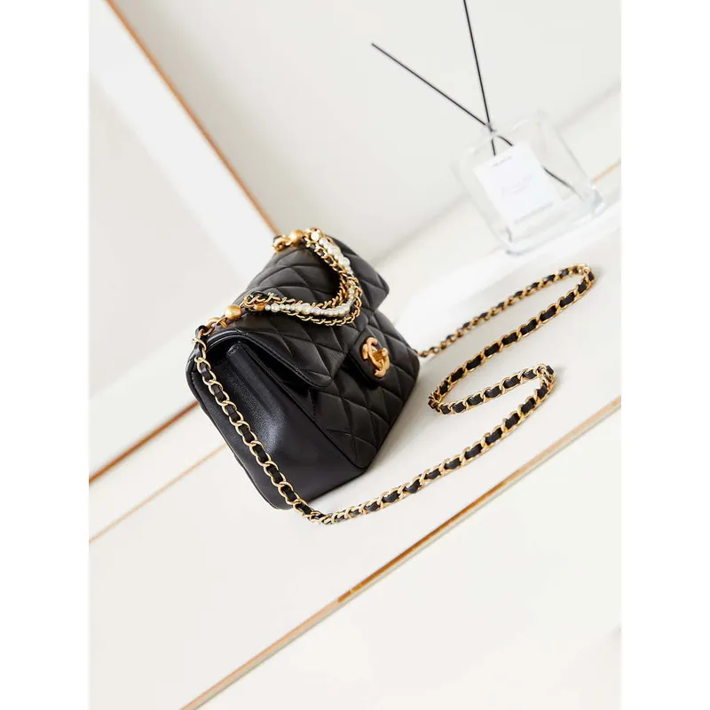 Chanel AS4384 Mini Flap Bag Pearly Lambskin  Imitation Pearls & Gold Tone Metal Black
