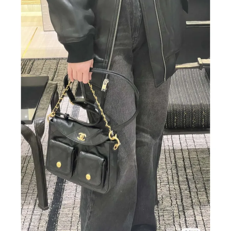 Chanel A99335 Hobo Bag Lambskin & Gold Tone Metal Black