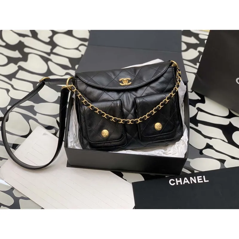 Chanel A99335 Hobo Bag Lambskin & Gold Tone Metal Black