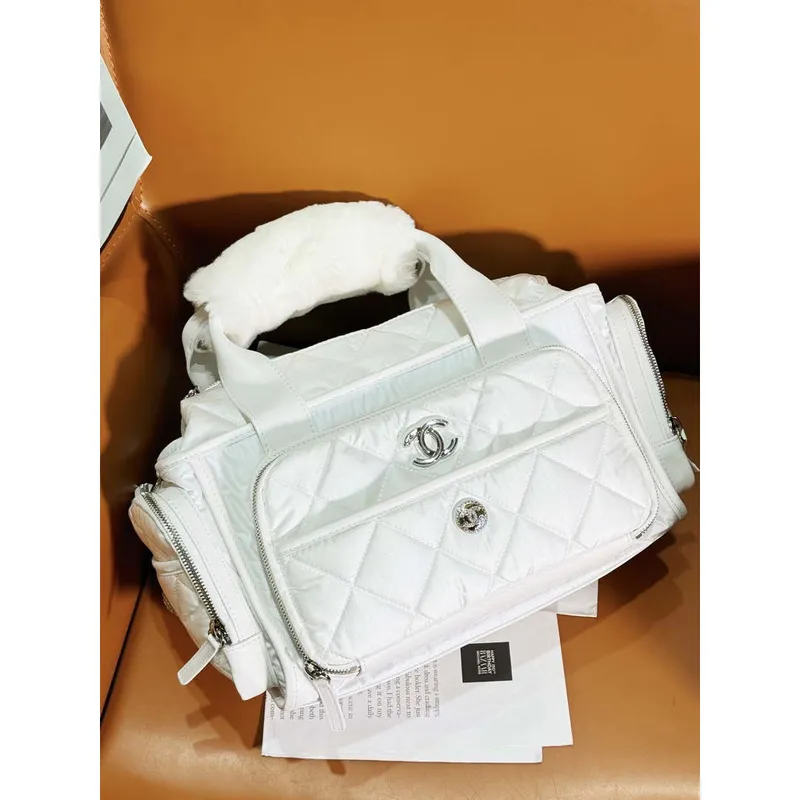 Chanel AS4364 Large Bowling Bag Nylon & Silver Tone Metal White