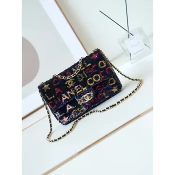 Chanel 24C AS4561 Flap Bag Sequins Gold Tone Metal Black & Multicolor