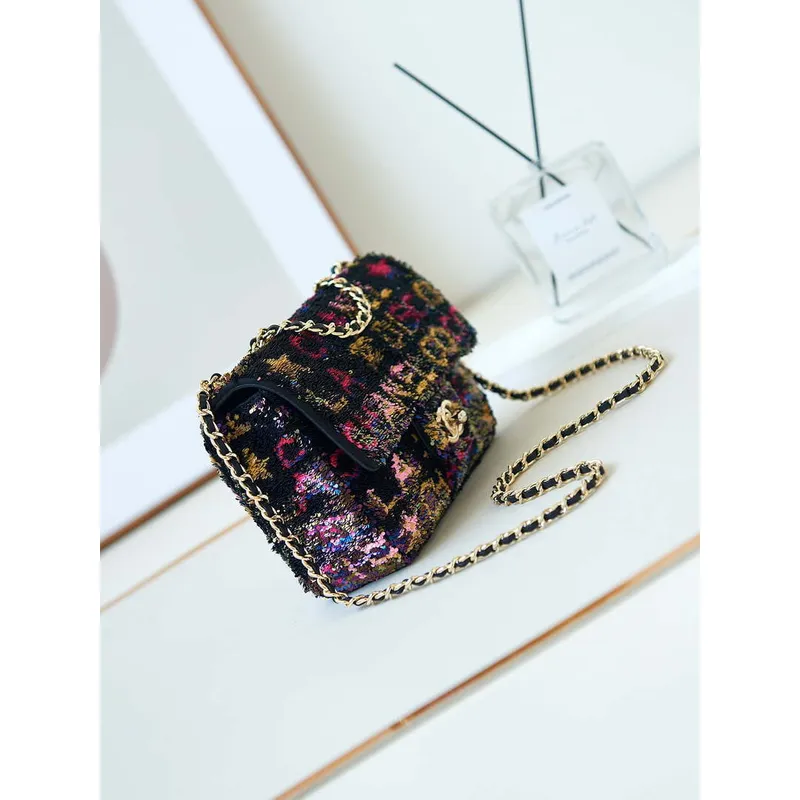 Chanel 24C AS4561 Flap Bag Sequins Gold Tone Metal Black & Multicolor