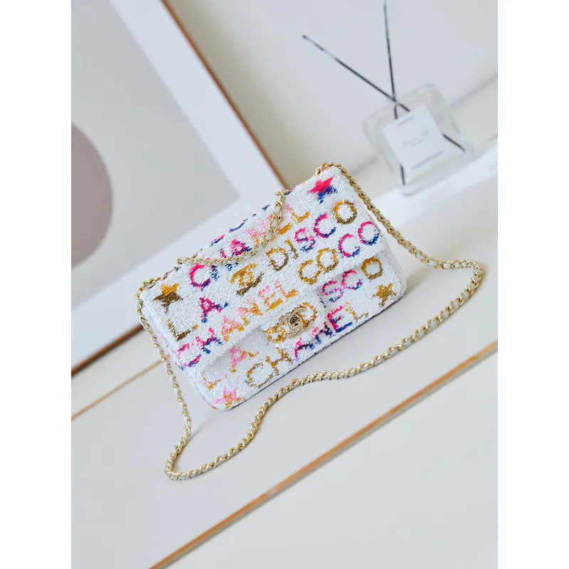 Chanel 24C AS4561 Flap Bag Sequins Gold Tone Metal White