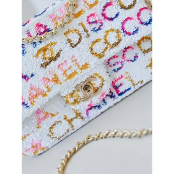Chanel 24C AS4561 Flap Bag Sequins Gold Tone Metal White