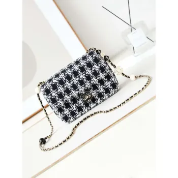 Chanel AS3783 Small Flap Bag 23P Tweed Gold Tone Metal 18.5 cm White and Black