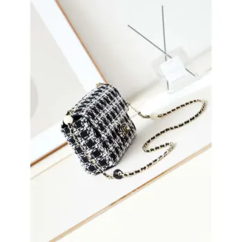 Chanel AS3783 Small Flap Bag 23P Tweed Gold Tone Metal 18.5 cm White and Black