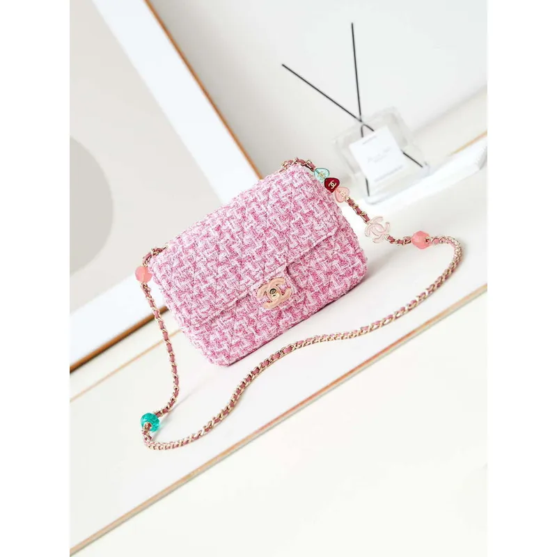 Chanel AS3783 Small Flap Bag 23P Tweed Gold Tone Metal 18.5 cm Pink