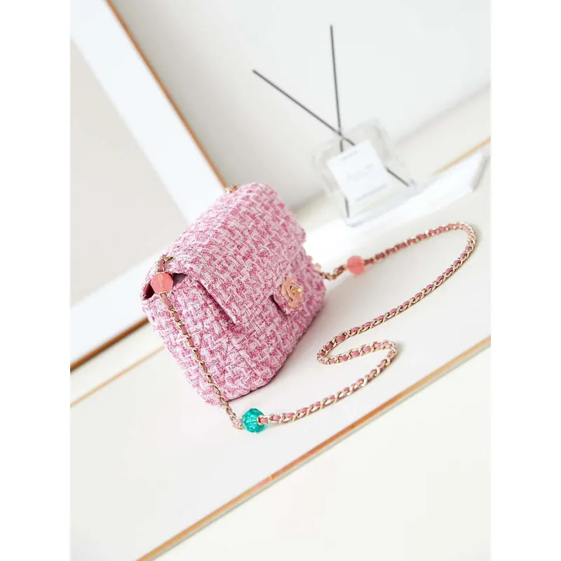 Chanel AS3783 Small Flap Bag 23P Tweed Gold Tone Metal 18.5 cm Pink