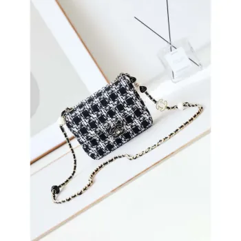 Chanel AS3782 MINI Flap Bag 23P Tweed Gold Tone Metal 16cm Black & White