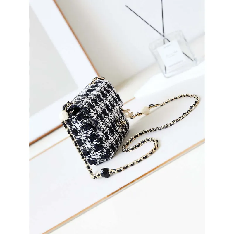 Chanel AS3782 MINI Flap Bag 23P Tweed Gold Tone Metal 16cm Black & White