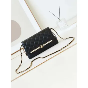 Chanel 23K AS4452 Flap Bag Lambskin With Pearl & Metal Chain Black