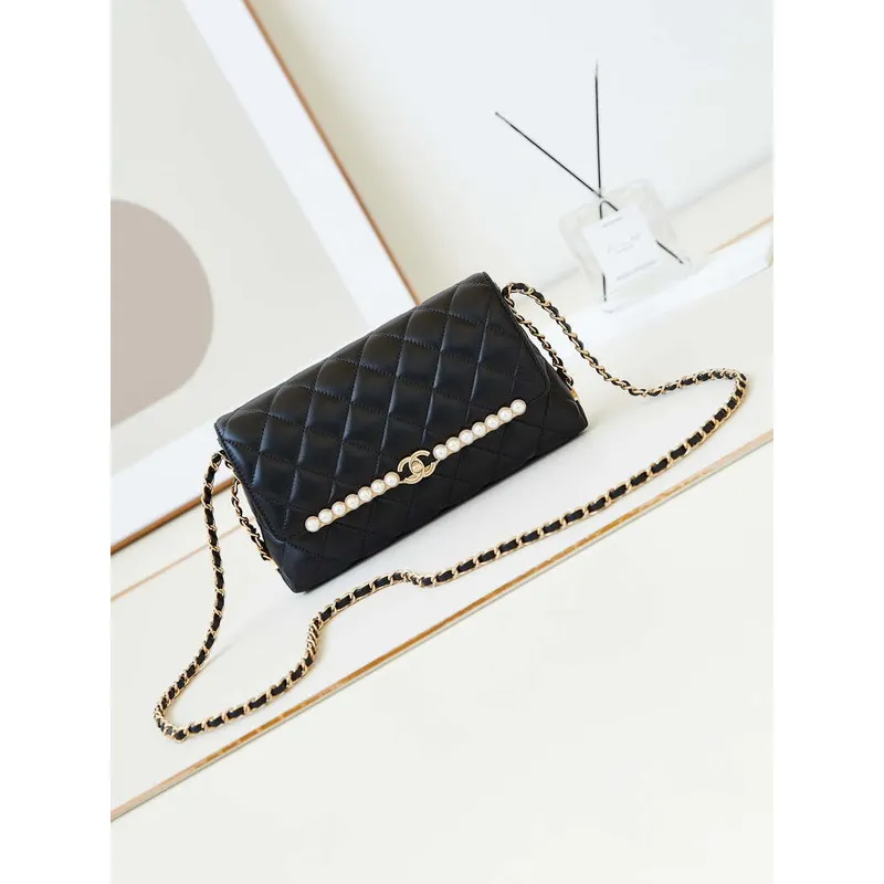 Chanel 23K AS4452 Flap Bag Lambskin With Pearl & Metal Chain Black
