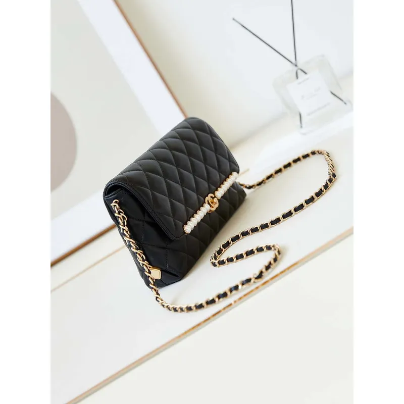 Chanel 23K AS4452 Flap Bag Lambskin With Pearl & Metal Chain Black