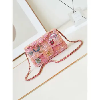 Chanel 24C A01113 Flap Handbag Classic Bag Woolen A69900 Orange & Pink