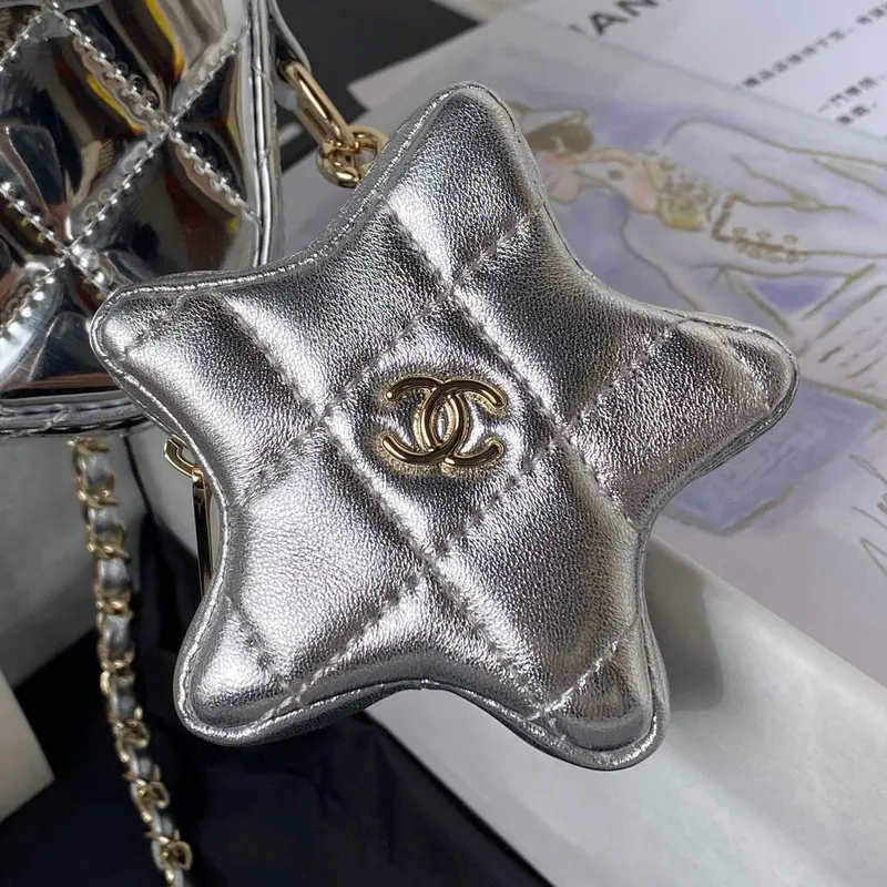 Chanel AS4647 Mini Flap Bag & STAR COIN PURSE Metallic Calfskin & Gold Tone Metal Silver