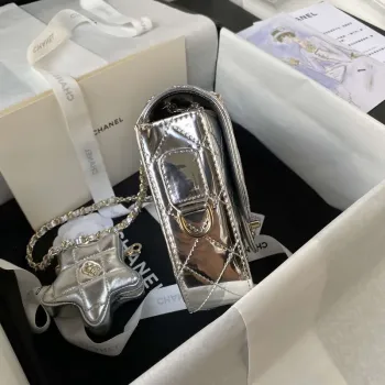 Chanel AS4647 Mini Flap Bag & STAR COIN PURSE Metallic Calfskin & Gold Tone Metal Silver