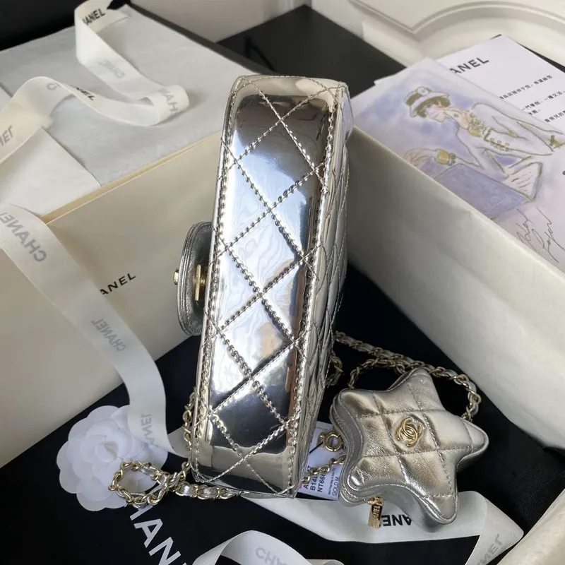 Chanel AS4647 Mini Flap Bag & STAR COIN PURSE Metallic Calfskin & Gold Tone Metal Silver