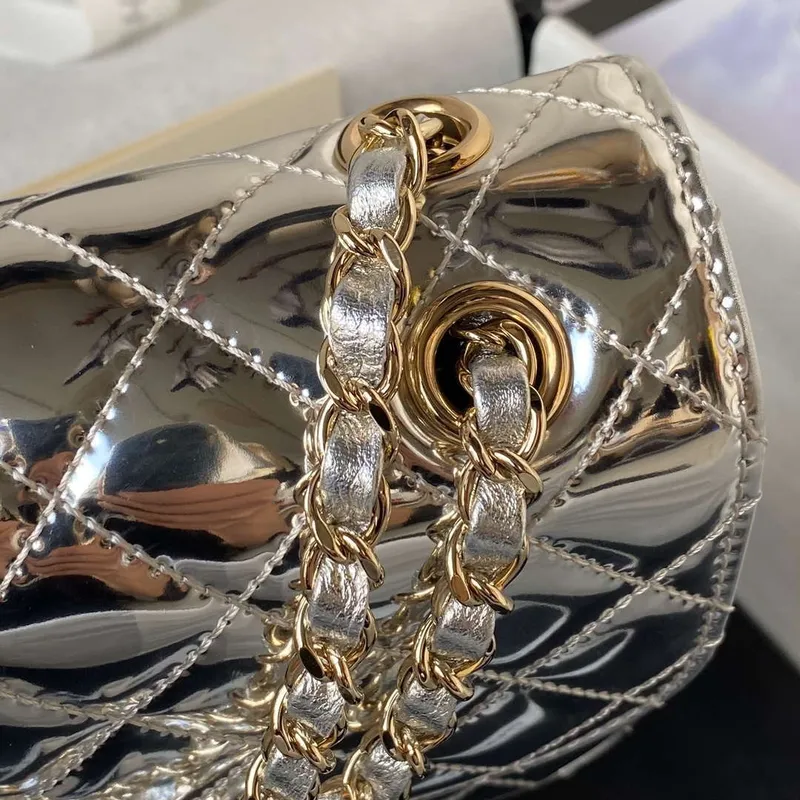 Chanel AS4647 Mini Flap Bag & STAR COIN PURSE Metallic Calfskin & Gold Tone Metal Silver