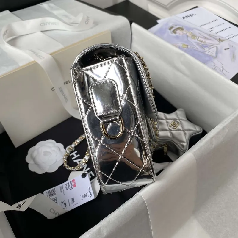 Chanel AS4648 Flap Bag & STAR COIN PURSE Mirror Calfskin Metallic Calfskin & Gold Tone Metal Silver