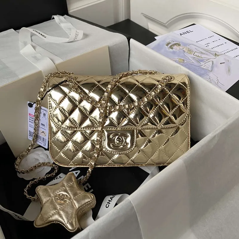 Chanel AS4648 Flap Bag & STAR COIN PURSE Mirror Calfskin Metallic Calfskin & Gold Tone Metal Gold