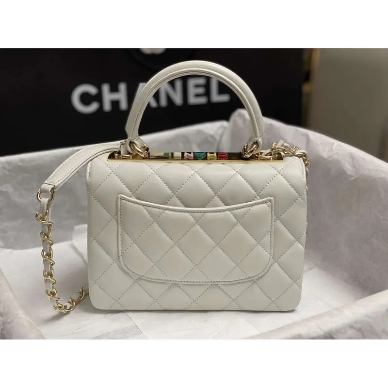 Chanel AS4654 Trendy CC Flap Bag With Top Handle White Lambskin Multicolor Logo