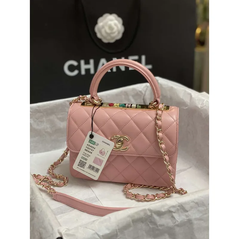 Chanel AS4654 Trendy CC Flap Bag With Top Handle Pink Lambskin Multicolor Logo