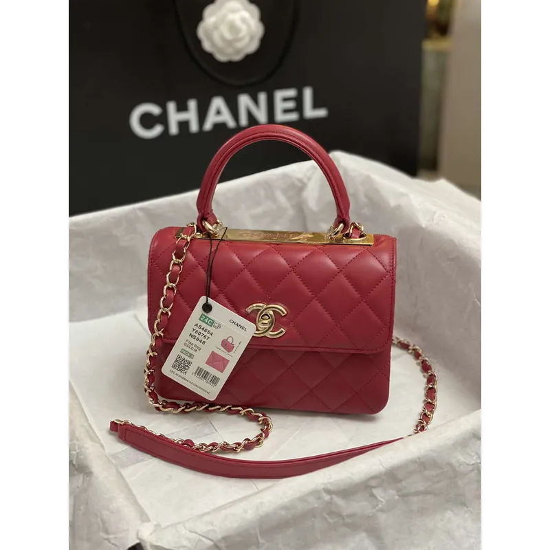 Chanel AS4654 Trendy CC Flap Bag With Top Handle Lambskin & Gold Tone Metal Wine Red