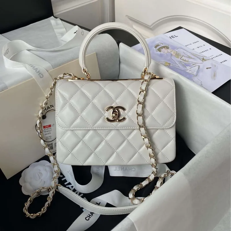 Chanel AS4654 Trendy CC Flap Bag With Top Handle Lambskin & Gold Tone Metal White