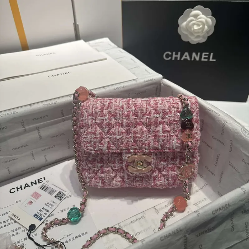 Chanel AS3782 MINI Flap Bag 23P Woolen Enamel Gold Tone Metal Pink 16cm