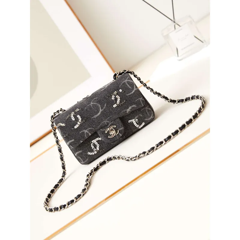 Chanel AS1119 Small Flap Classic Handbag Black Denim beaded sequin bag