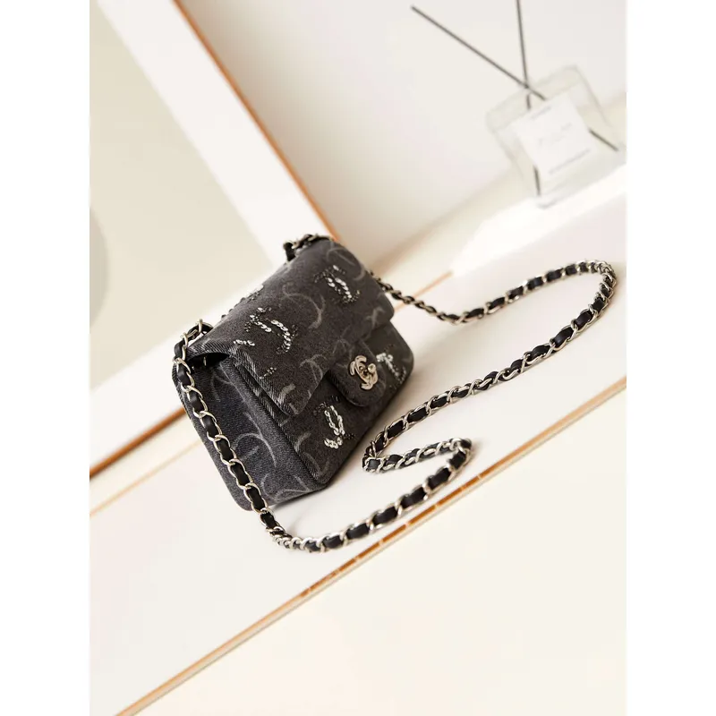 Chanel AS1119 Small Flap Classic Handbag Black Denim beaded sequin bag