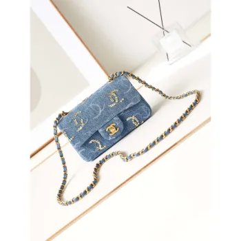 Chanel AS1119 Small Flap Classic Handbag Blue Denim beaded sequin bag