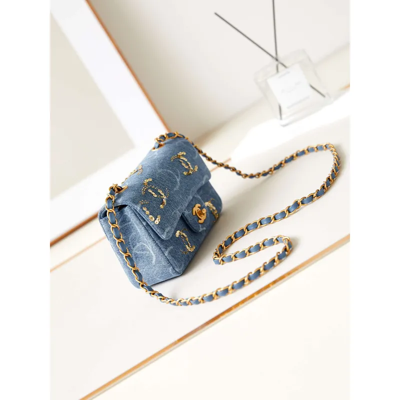 Chanel AS1119 Small Flap Classic Handbag Blue Denim beaded sequin bag
