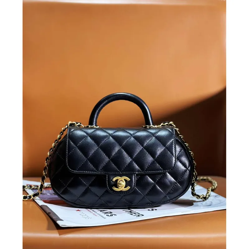 Chanel AS4569 Large Bag With Top Handle Pearly Lambskin & Gold Tone Metal Black