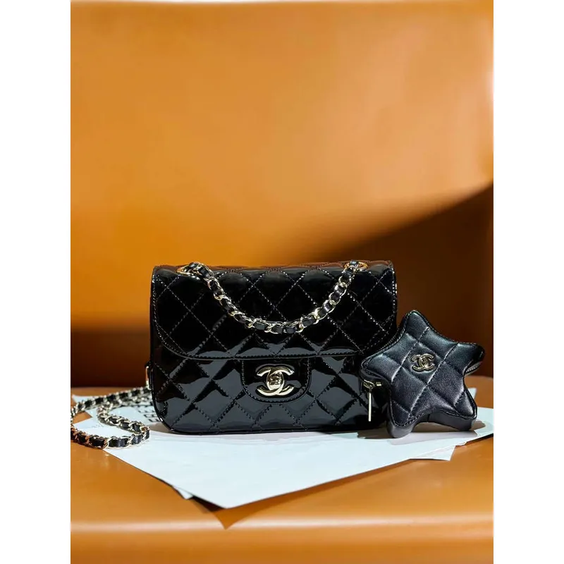 Chanel AS4646 MINI FLAP BAG & STAR COIN PURSE Mirror Calfskin  Metallic Calfskin & Gold Tone Metal Black
