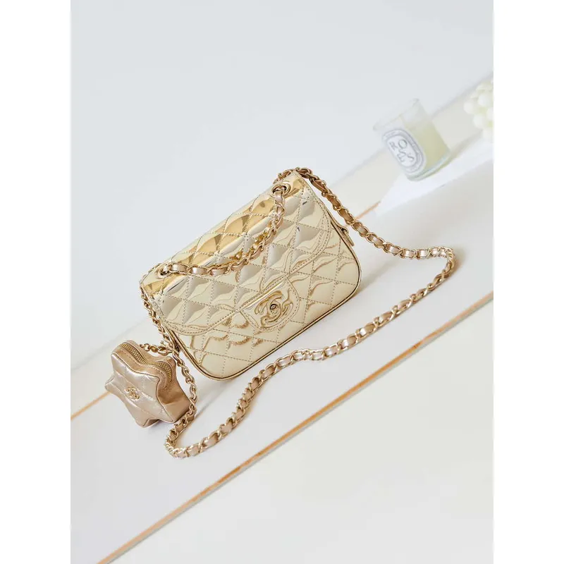 Chanel AS4646 MINI FLAP BAG & STAR COIN PURSE Mirror Calfskin  Metallic Calfskin & Gold Tone Metal Gold